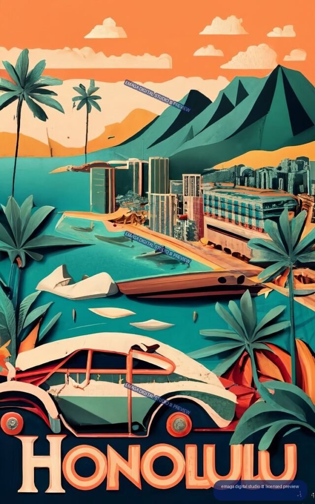 Retro Honolulu travel poster with a vintage convertible, tropical palms, turquoise water, mountains, and bold HONOLULU lettering.