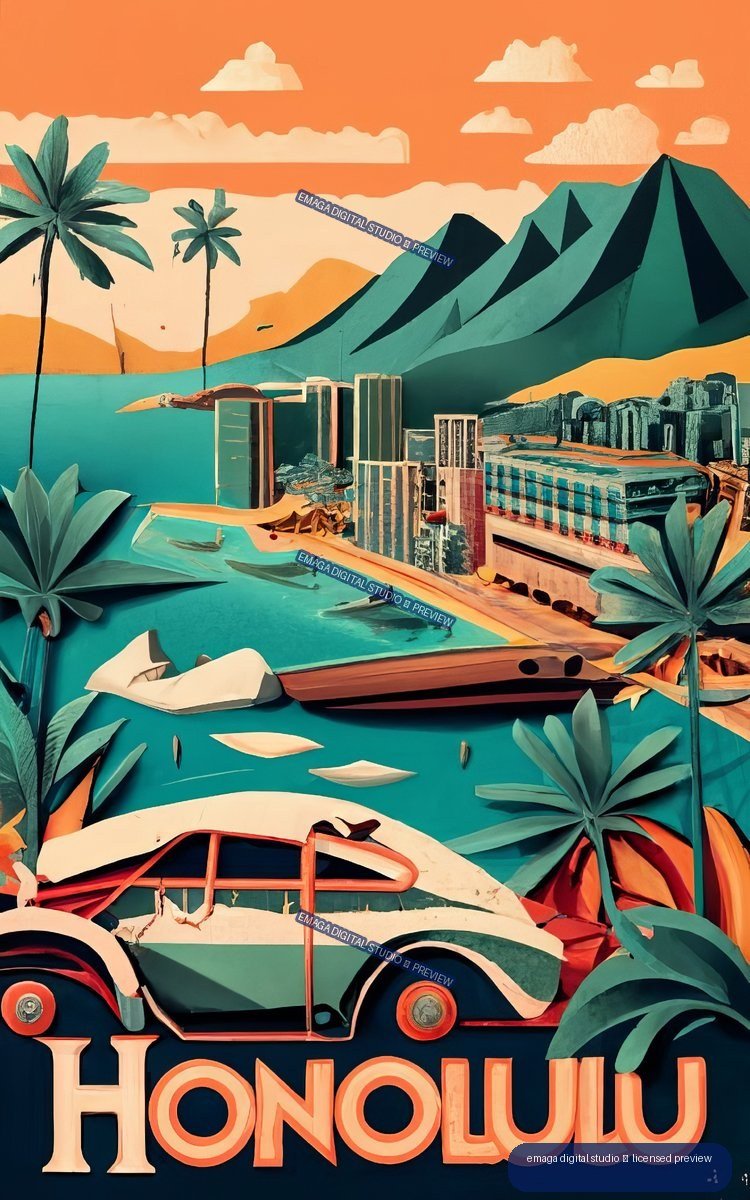 Retro Honolulu travel poster with a vintage convertible, tropical palms, turquoise water, mountains, and bold HONOLULU lettering.
