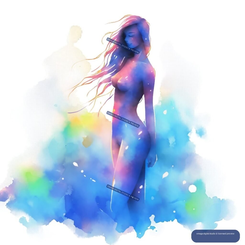 Watercolor-style nude female figure with flowing hair, rendered in blue and violet washes amid colorful splashes and faint background silhouettes.