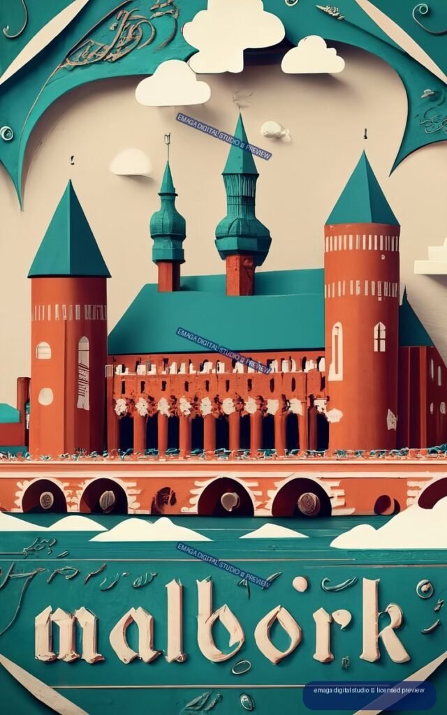 Stylized red castle with teal pointed towers beside water, surrounded by cream clouds and decorative elements, with large partially cropped lettering below.
