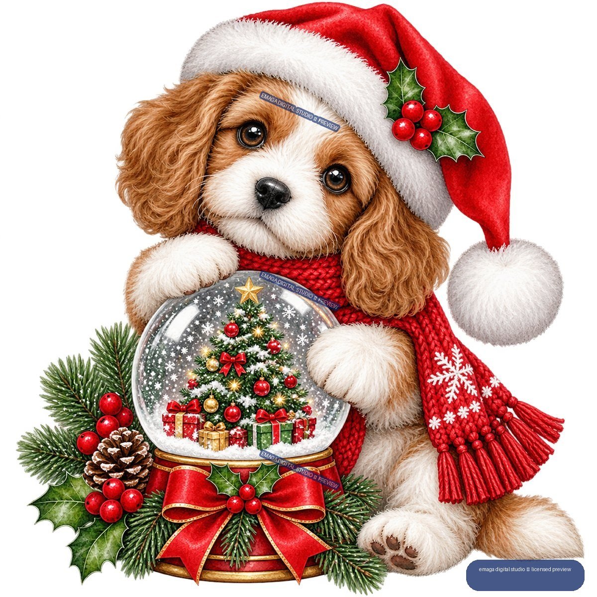 Brown-and-white puppy in a Santa hat and red scarf holding a Christmas snow globe, surrounded by holly, berries, pine branches, and a pinecone.