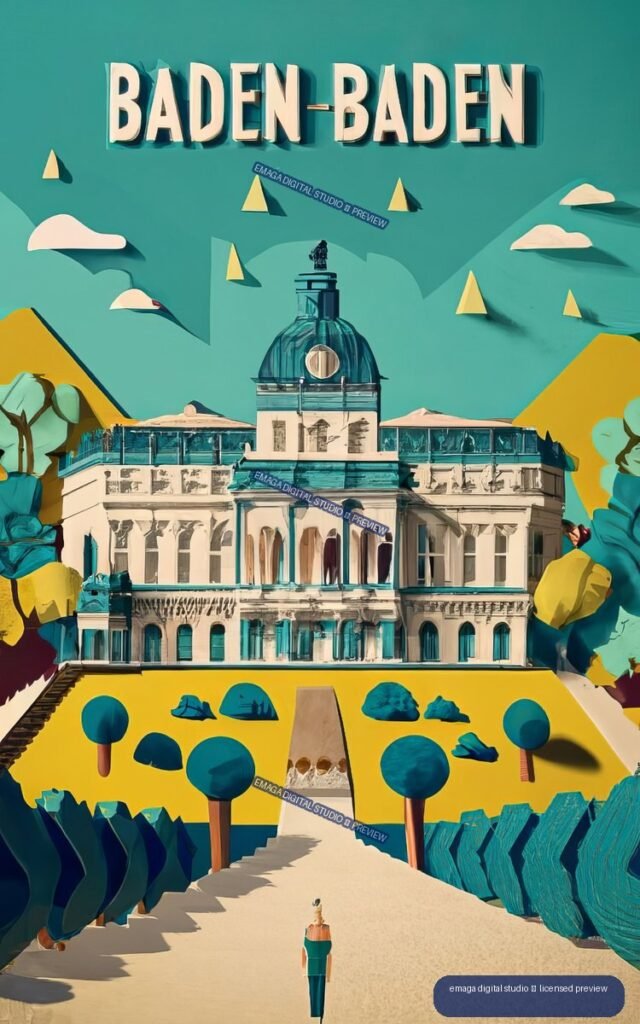 Illustrated poster reading BADEN-BADEN above a domed historic building and formal garden in vivid teal, yellow, cream, and coral tones.