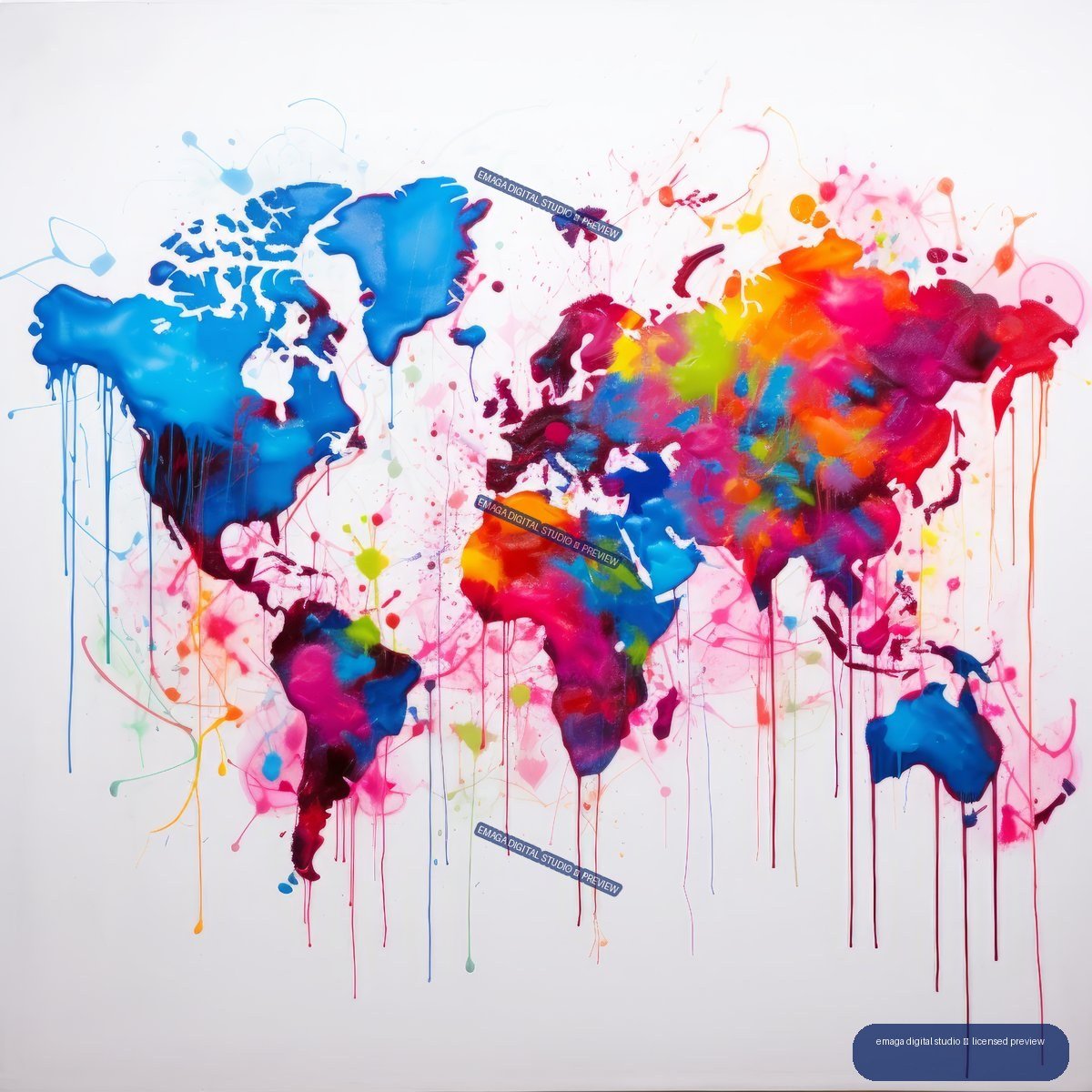Colorful abstract world map made from bright blue, pink, orange, yellow, green, and purple paint, with splatters and long dripping strokes.