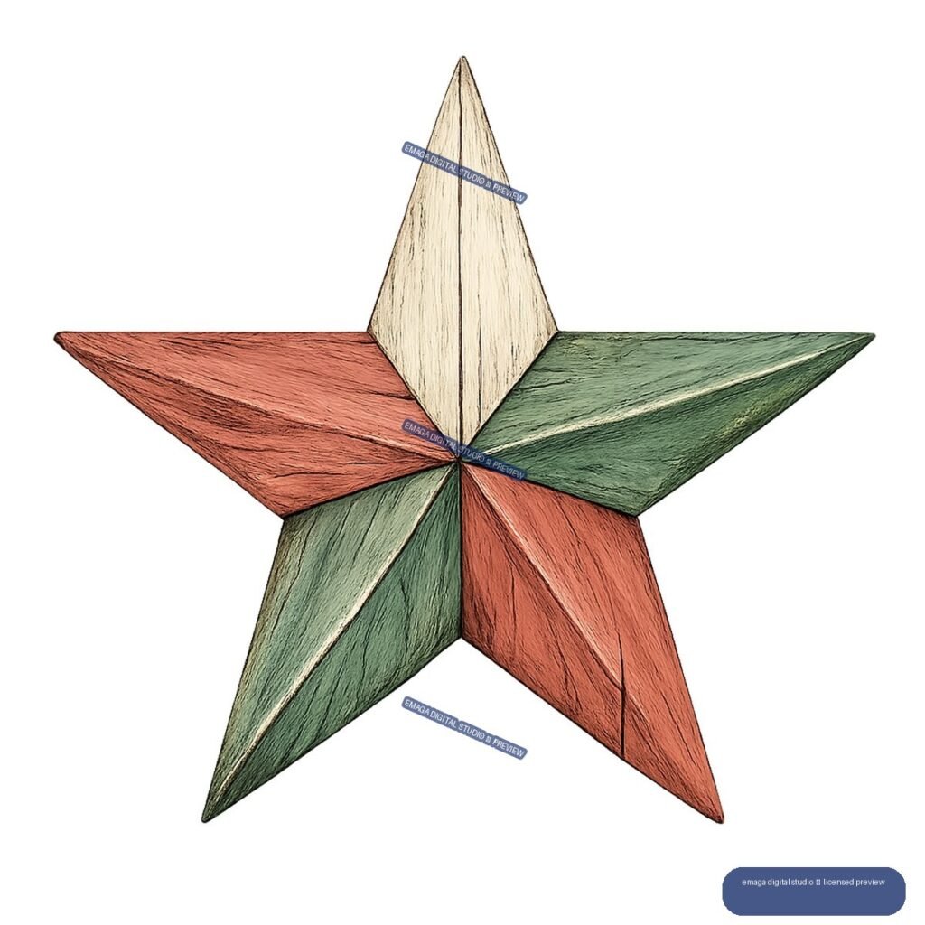 Five-point rustic star with alternating red, green, and cream wood-textured sections, isolated.
