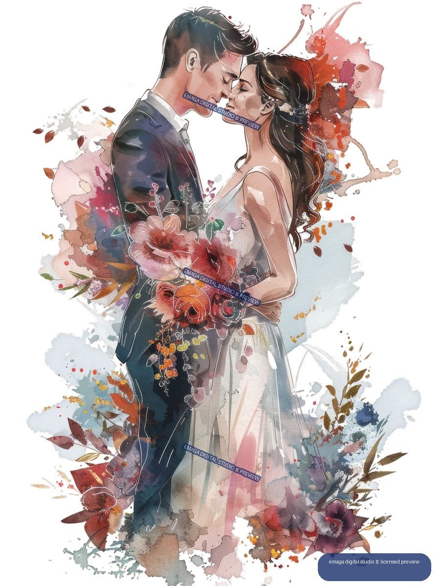 Watercolor illustration of a bride and groom embracing amid a colorful bouquet, flowers, foliage, and paint splashes.