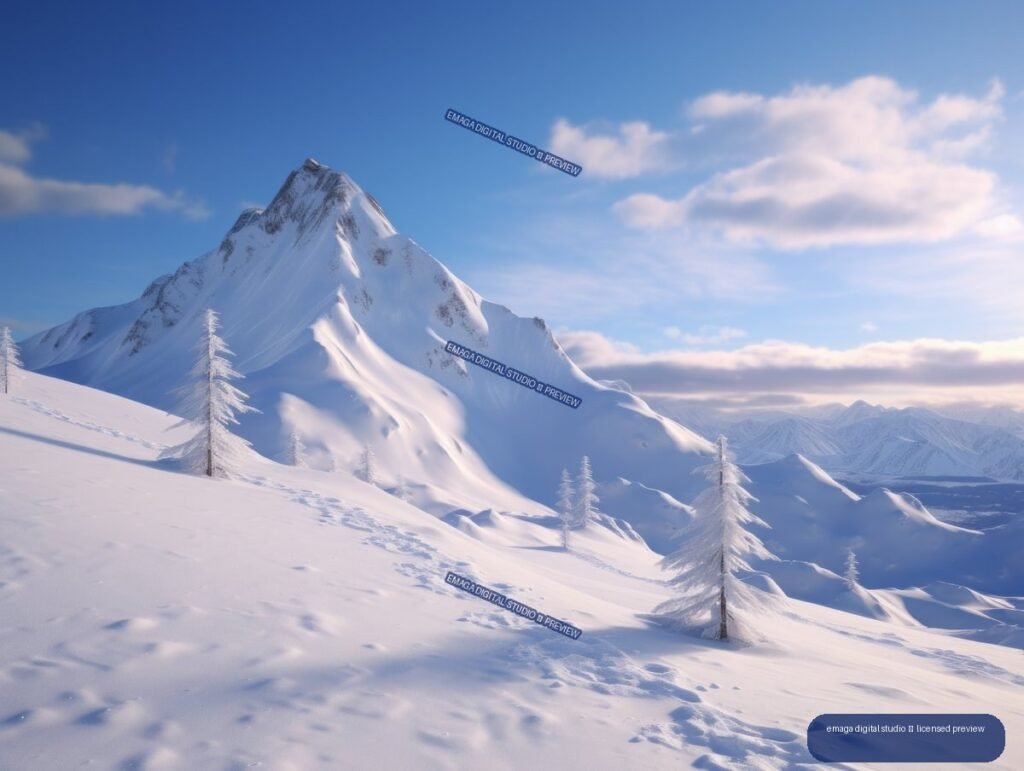 Snow-covered mountain peak and sparse frosted trees above a snowy slope beneath a blue, cloud-dappled sky.