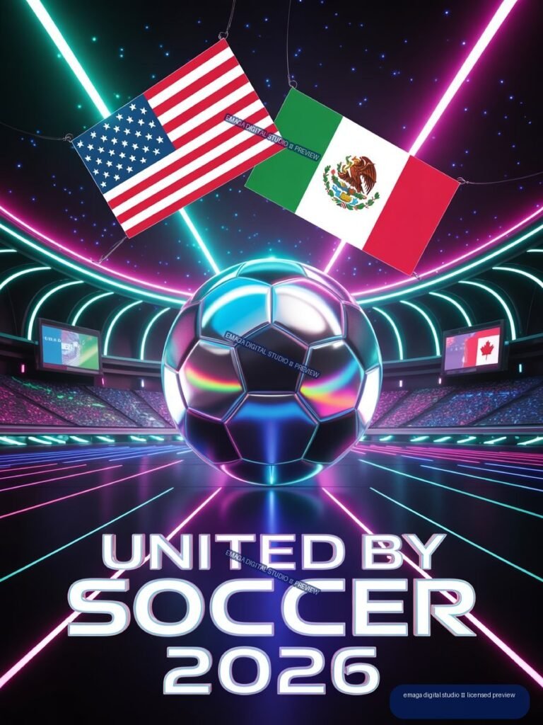 Reflective soccer ball in a neon futuristic stadium beneath United States and Mexico flags, with text reading United by Soccer 2026.