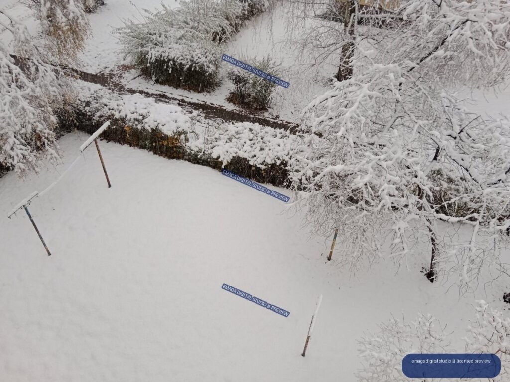 Snow-covered garden with heavily laden shrubs, bare branches, a winding path, and partly buried poles.