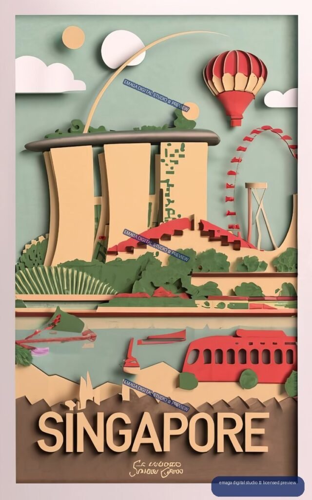 Layered paper-cut style Singapore travel poster with greenery, architecture, red bus, hot-air balloon, water, and large SINGAPORE lettering.