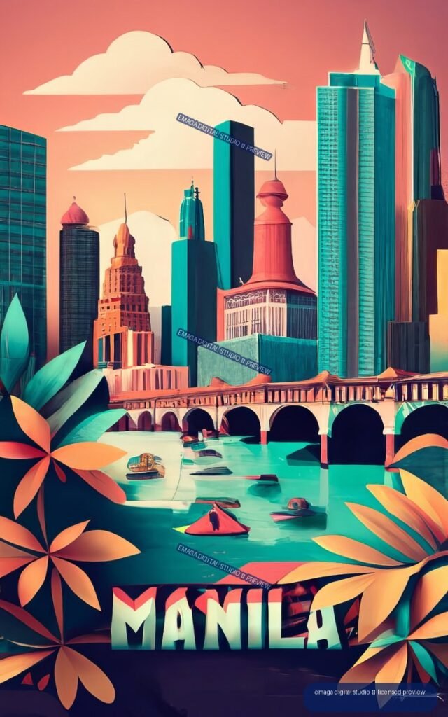 Stylized colorful poster of Manila skyscrapers, domed buildings, an arched bridge, boats, tropical leaves, and the word Manila.