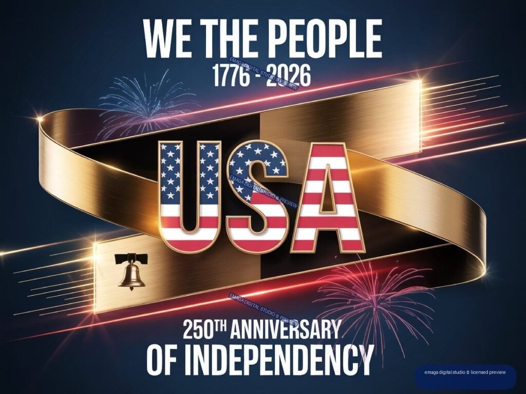 Patriotic poster reading “WE THE PEOPLE,” “1776 - 2026,” and “250TH ANNIVERSARY OF INDEPENDENCE,” with star-and-stripe USA letters, a gold ribbon, fireworks, light trails, and a Liberty Bell.