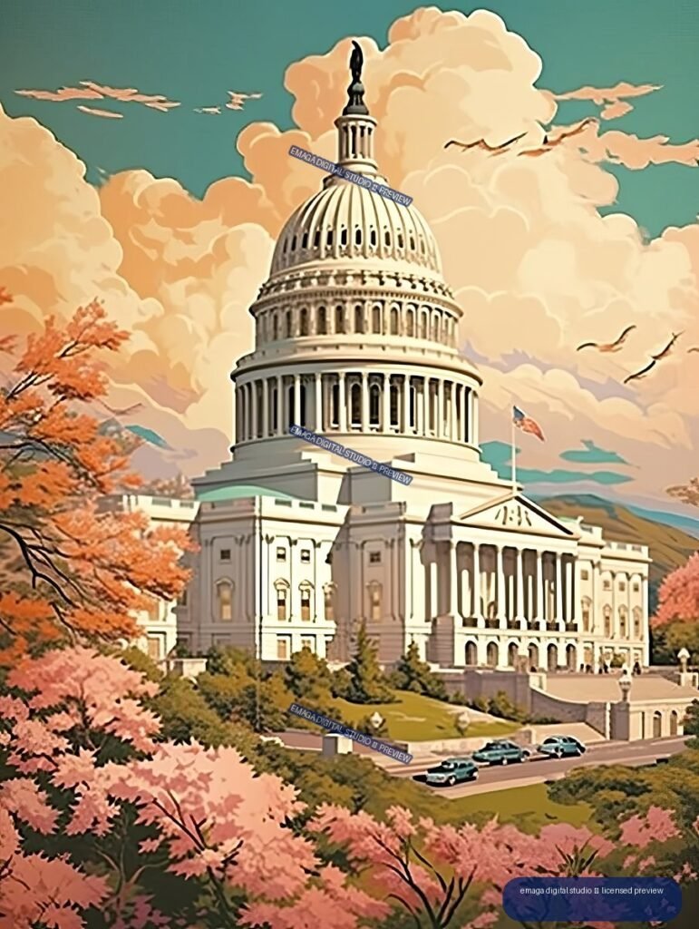 Stylized travel poster showing the U.S. Capitol dome framed by pink flowers and autumn trees beneath a cloudy sky.