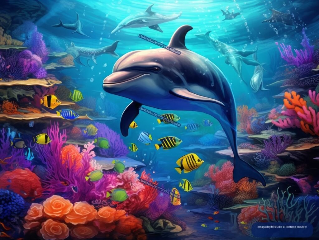 Smiling dolphin swimming above a colorful coral reef surrounded by tropical fish, corals, bubbles, and distant dolphins.