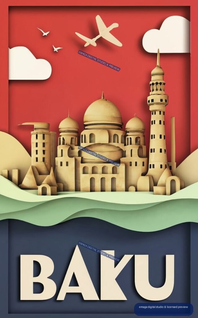Layered paper-art poster of Baku with domed architecture, minaret, airplane, birds, red sky, green landscape, and large BAKU lettering.