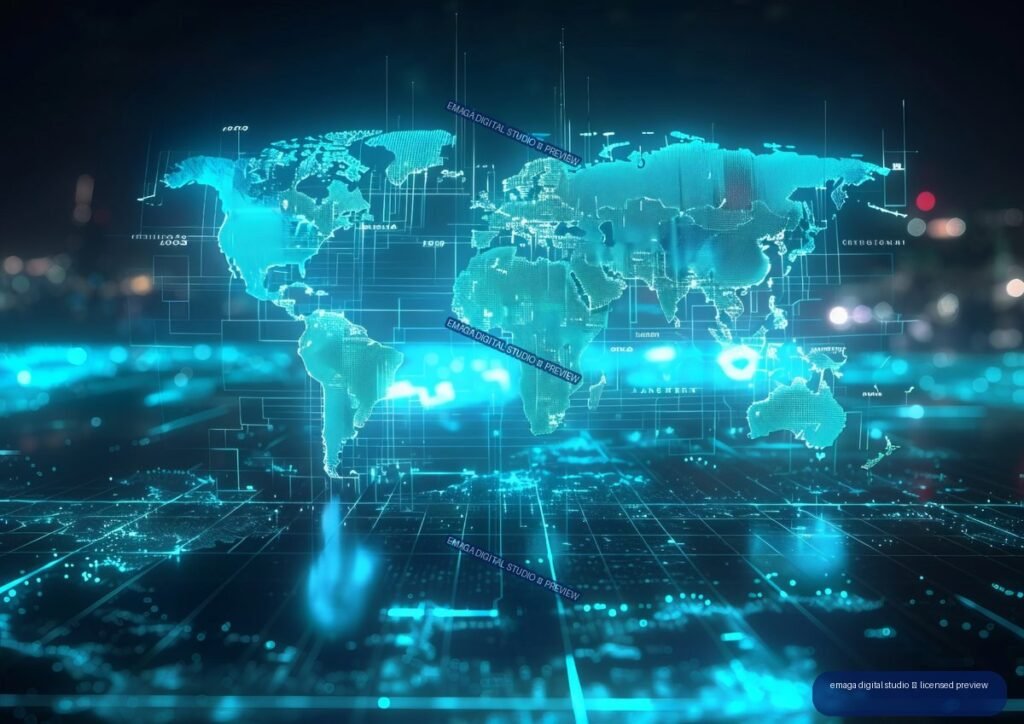 Luminous cyan holographic world map above a futuristic digital grid on a dark blue background.
