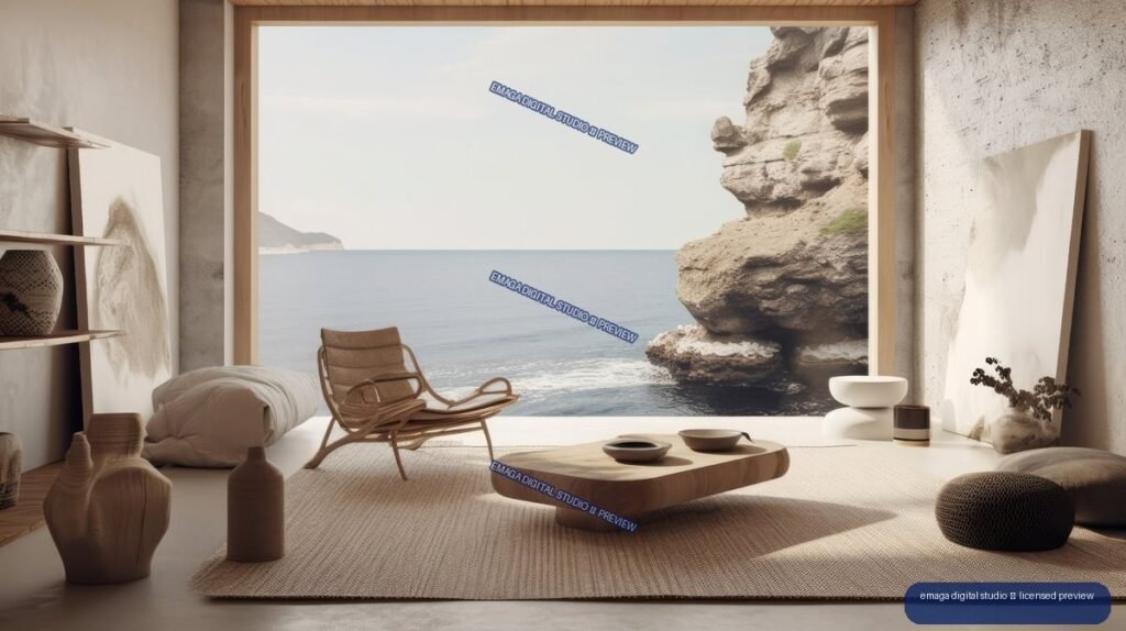 Minimalist warm-toned living room with a low wooden table, lounge chair, pottery, and large ocean-facing window beside a rugged coastal rock.