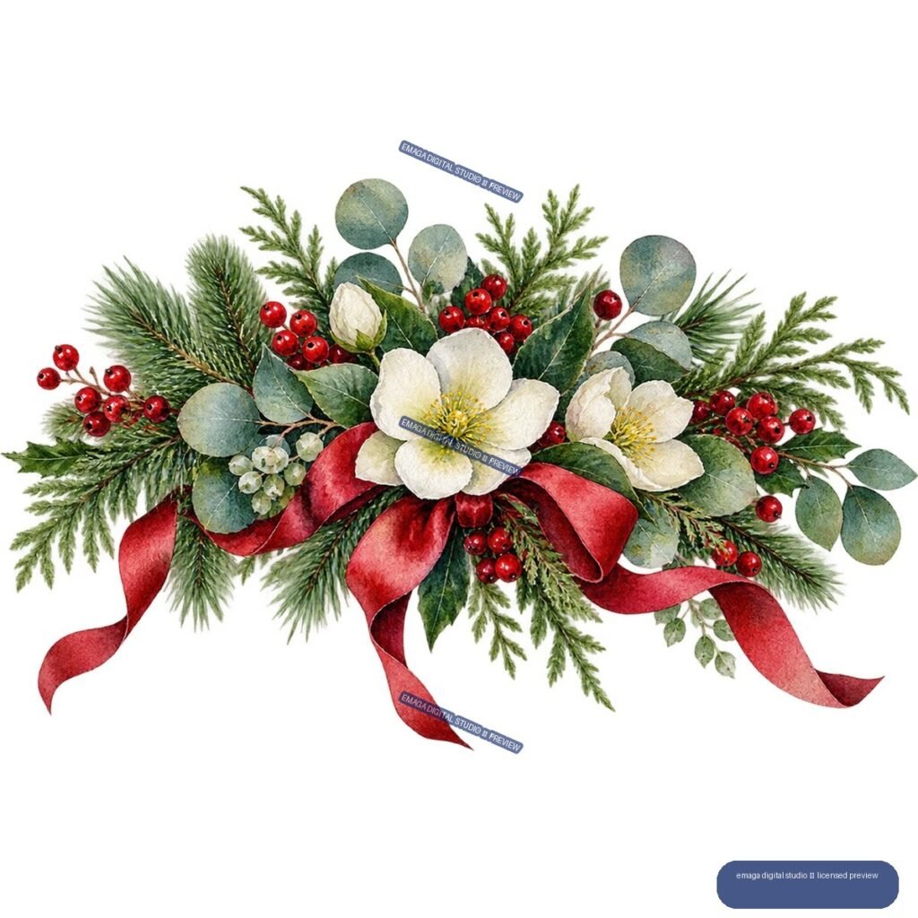 Watercolor Christmas garland with white flowers, red berries, evergreen branches, eucalyptus leaves, and a flowing red ribbon.