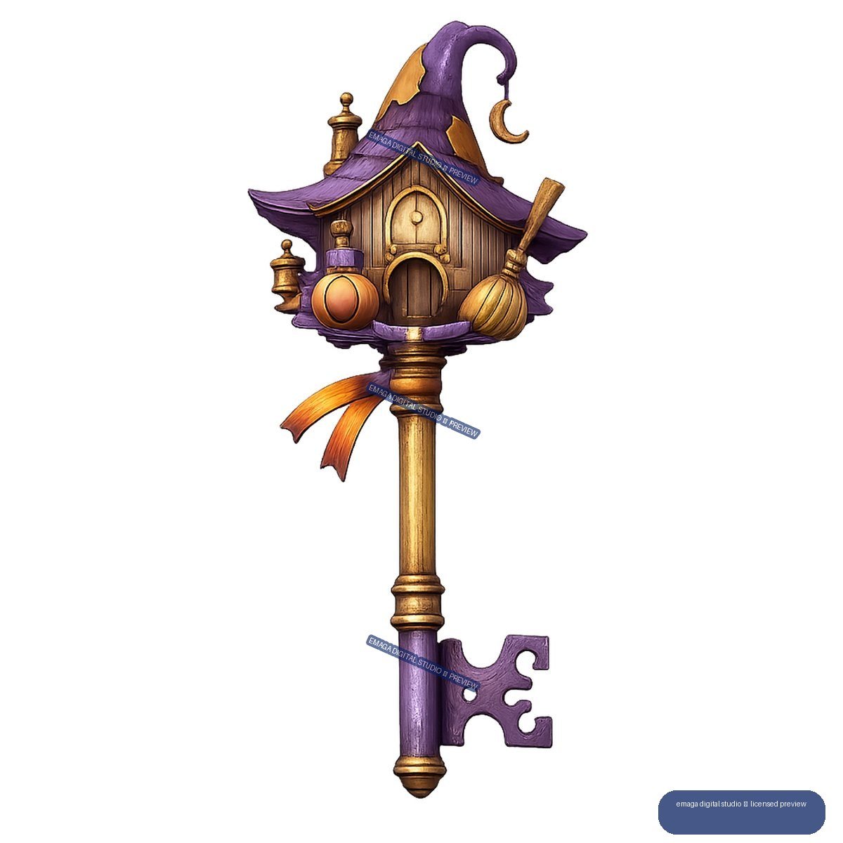 Ornate purple and gold key topped with a miniature witch's cottage, crescent moon, pumpkin, and broom.