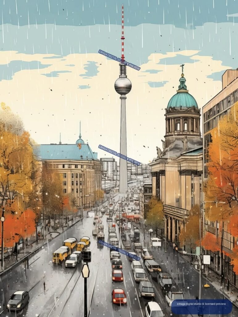 Illustrated rainy Berlin avenue with the Fernsehturm centered, a domed historic building at right, traffic, buses, and autumn trees.
