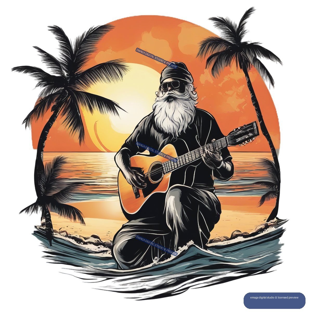 Stylized Santa Claus in sunglasses plays an acoustic guitar while kneeling in shallow water on a palm-fringed tropical beach at sunset.