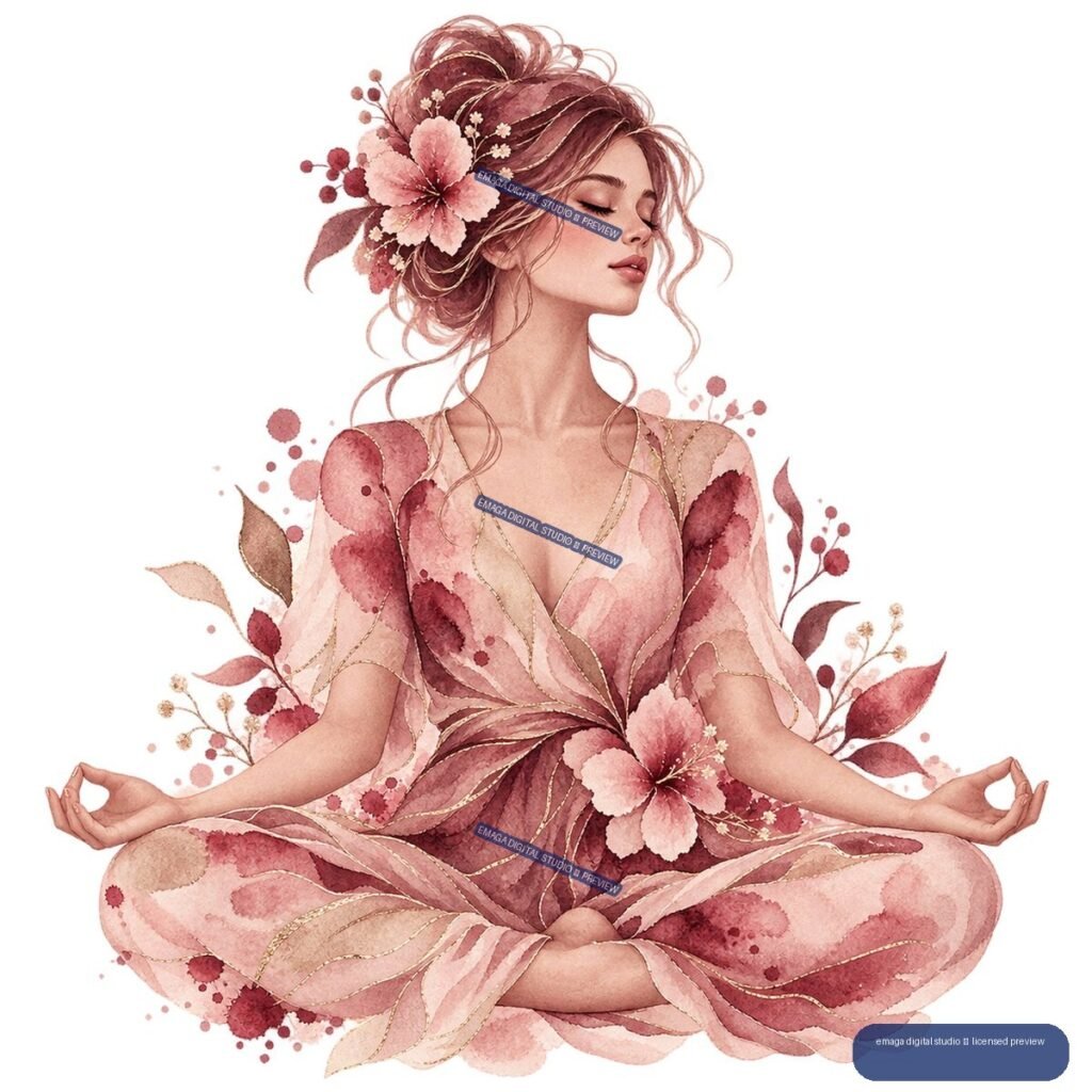 Watercolor illustration of a seated woman meditating cross-legged in a floral pink dress, surrounded by flowers and leaves.
