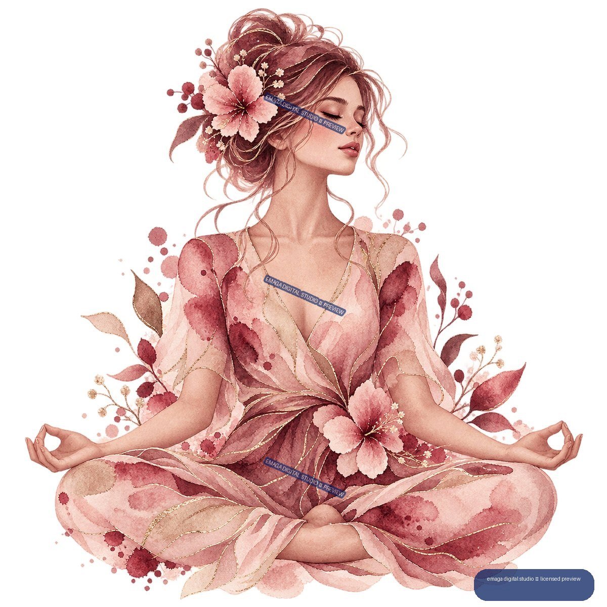 Watercolor illustration of a seated woman meditating cross-legged in a floral pink dress, surrounded by flowers and leaves.