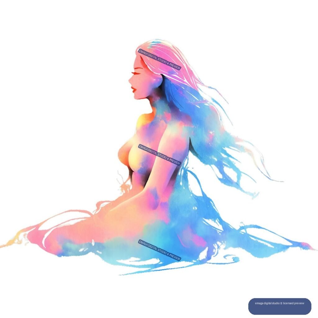 Colorful watercolor-style side-profile portrait of a seated nude woman with flowing blue and pink hair and white negative space around the figure.