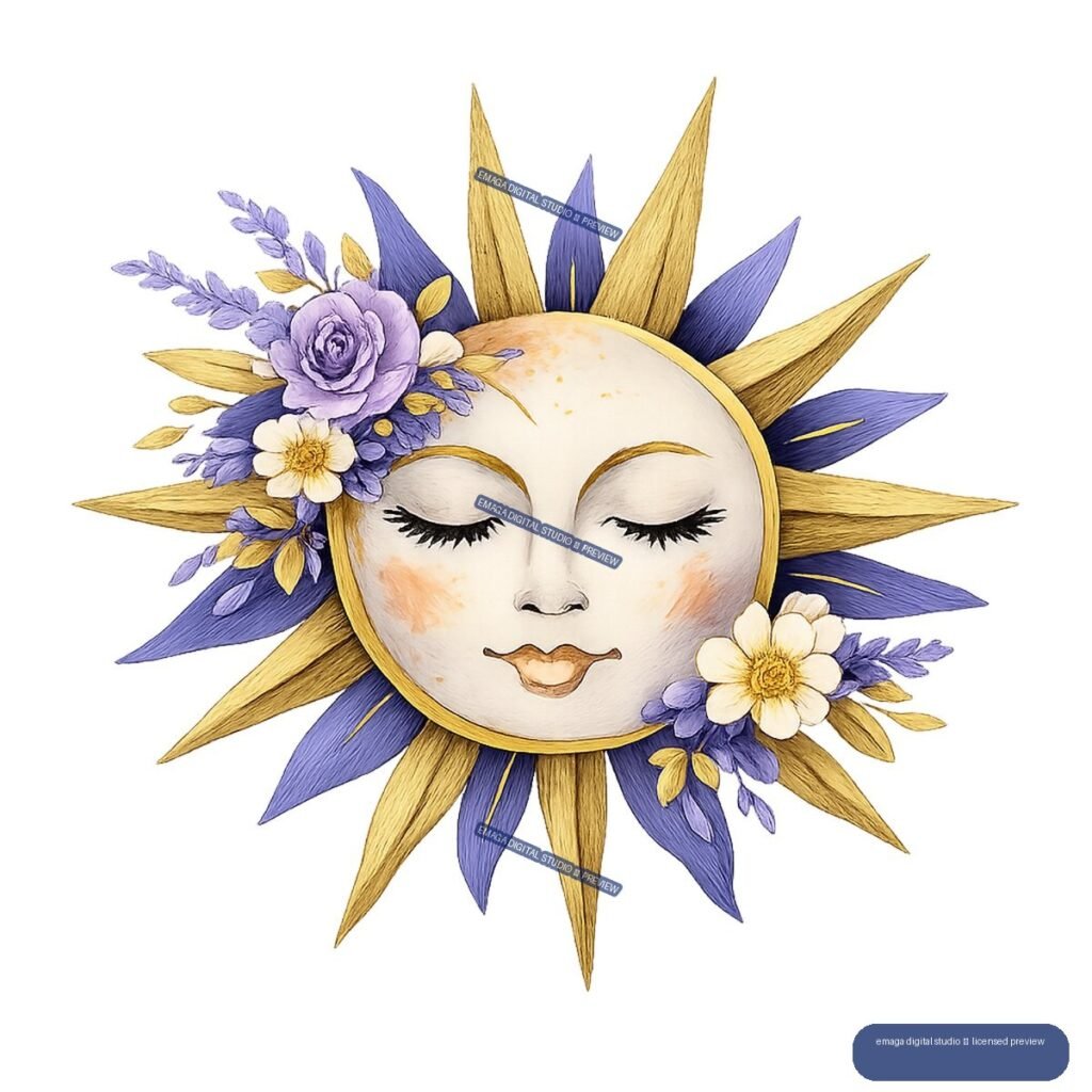 Stylized serene face surrounded by purple and gold sun rays, lavender sprigs, flowers, and leaves.