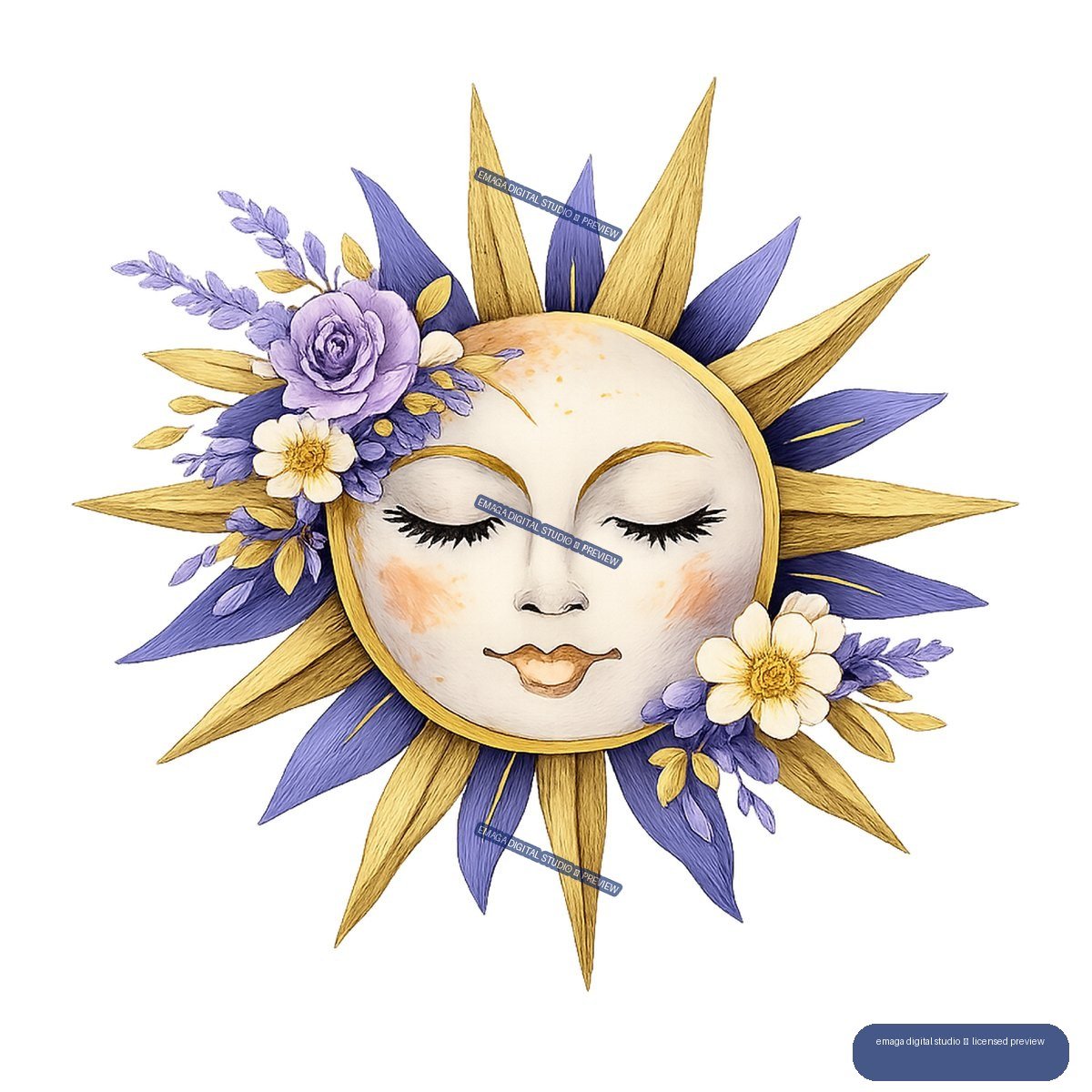 Stylized serene face surrounded by purple and gold sun rays, lavender sprigs, flowers, and leaves.