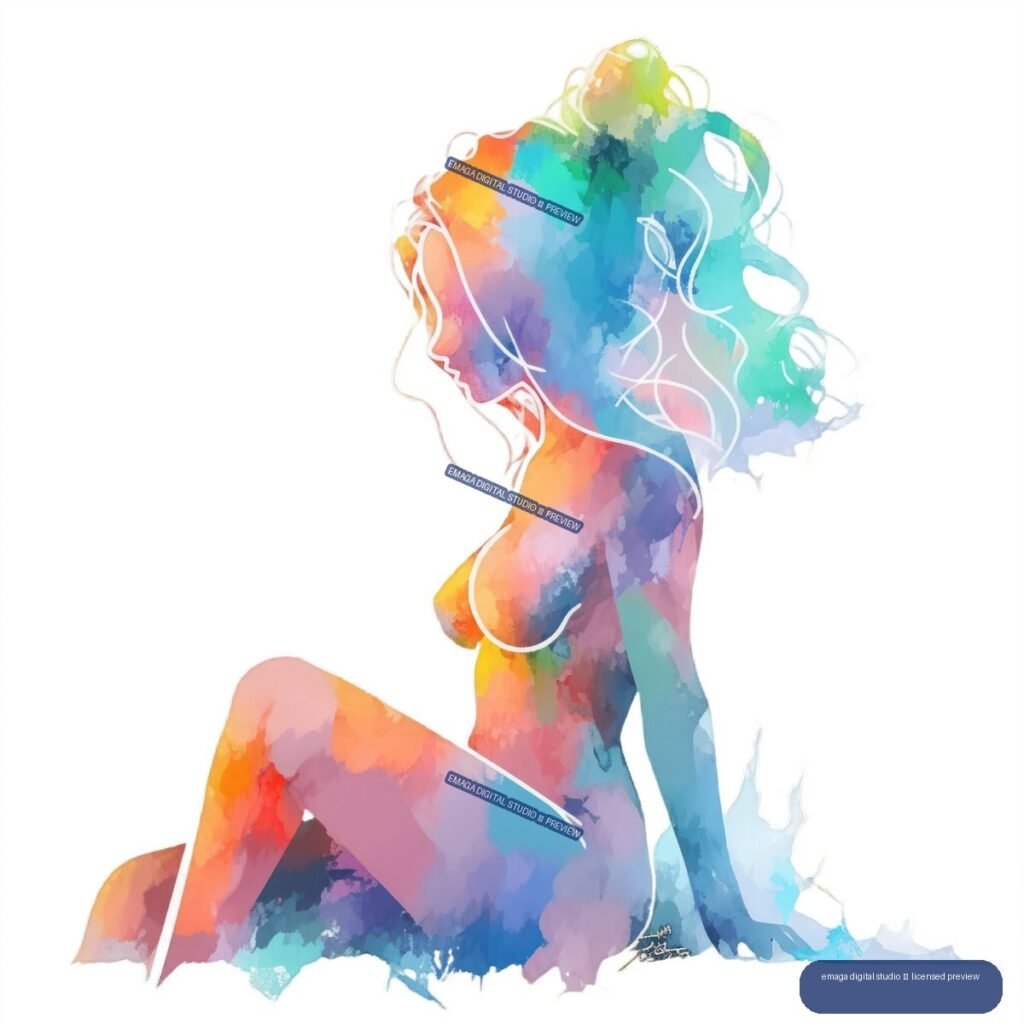 Colorful watercolor-style seated nude female figure in profile on a white background, with abstract flowing hair and white contour lines.