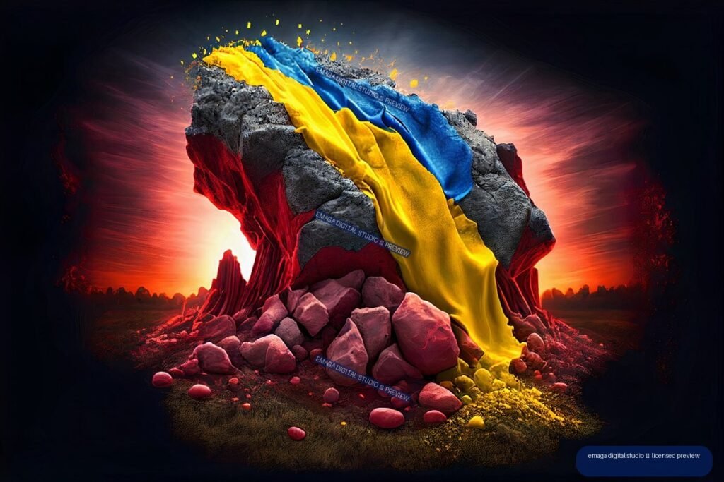 Rocky map-like form resembling Ukraine, draped in blue and yellow fabric with red blood-like streaks against a fiery sunset.