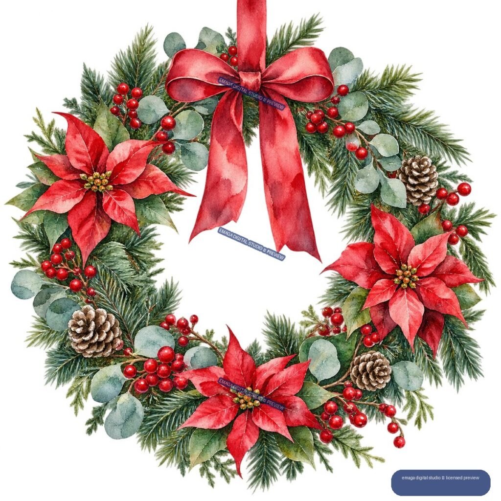 Watercolor Christmas wreath with red poinsettias, evergreen branches, eucalyptus leaves, red berries, pinecones, and a large red bow.