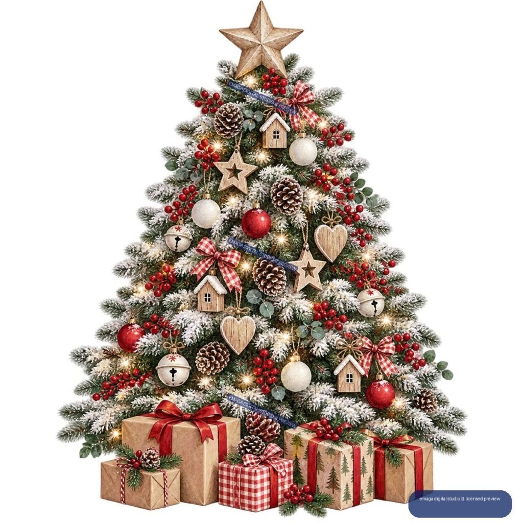 Decorated frosted Christmas tree with ornaments, berries, lights, and wrapped presents beneath it