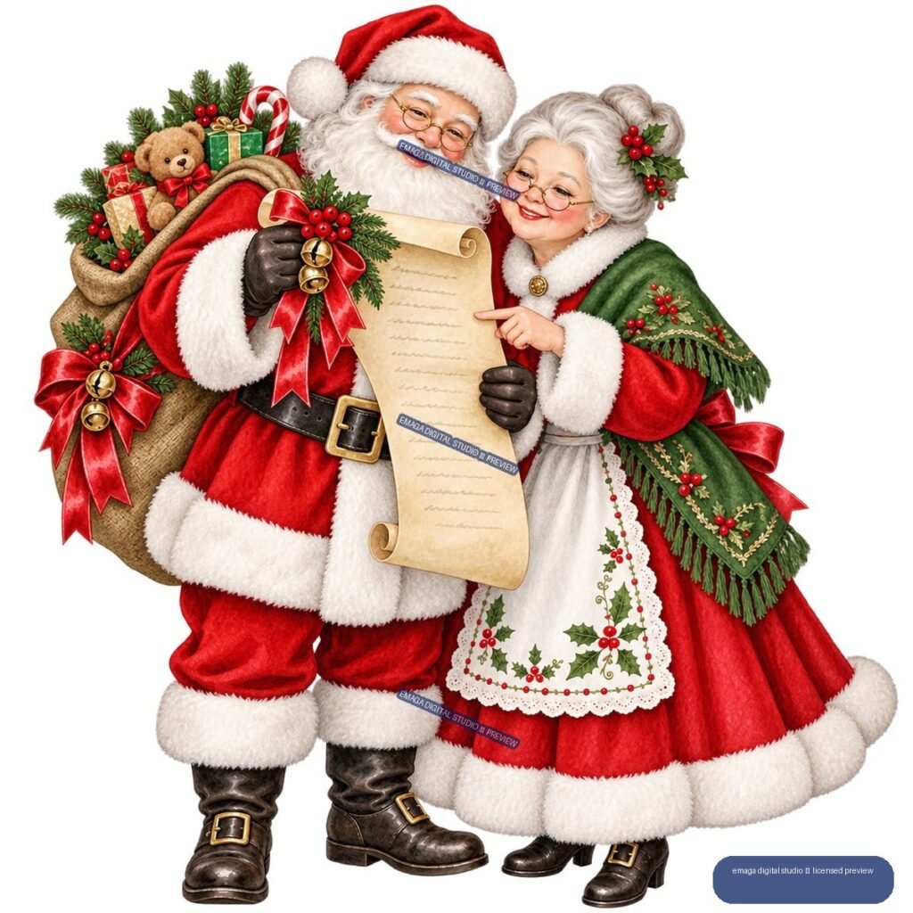 Santa and Mrs. Claus in festive red and green clothing holding a scroll, gifts, and a decorated sack.