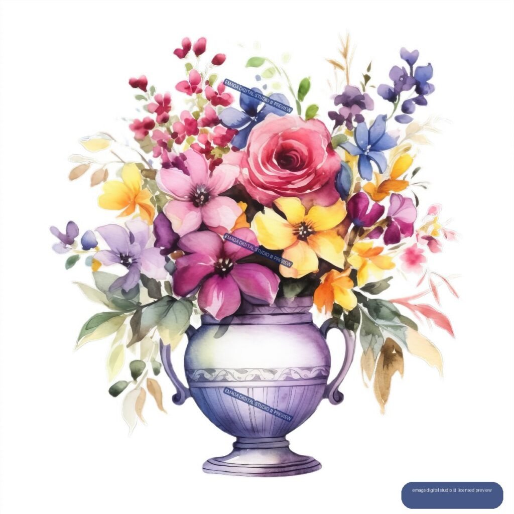 Colorful watercolor bouquet with a pink rose and assorted flowers in an ornate purple vase.