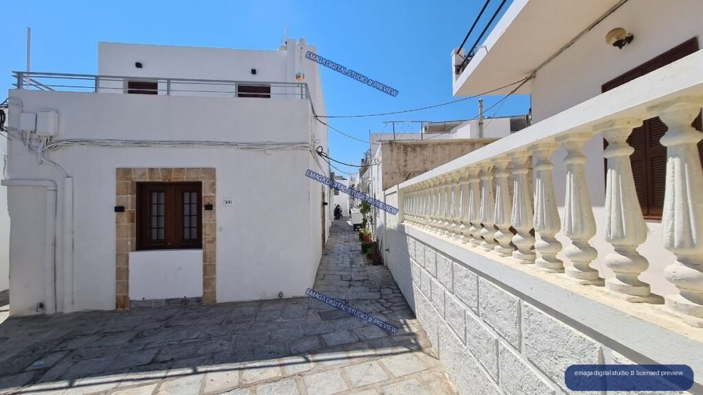 Whitewashed Residential Lane in Lindos, Rhodes, Greece