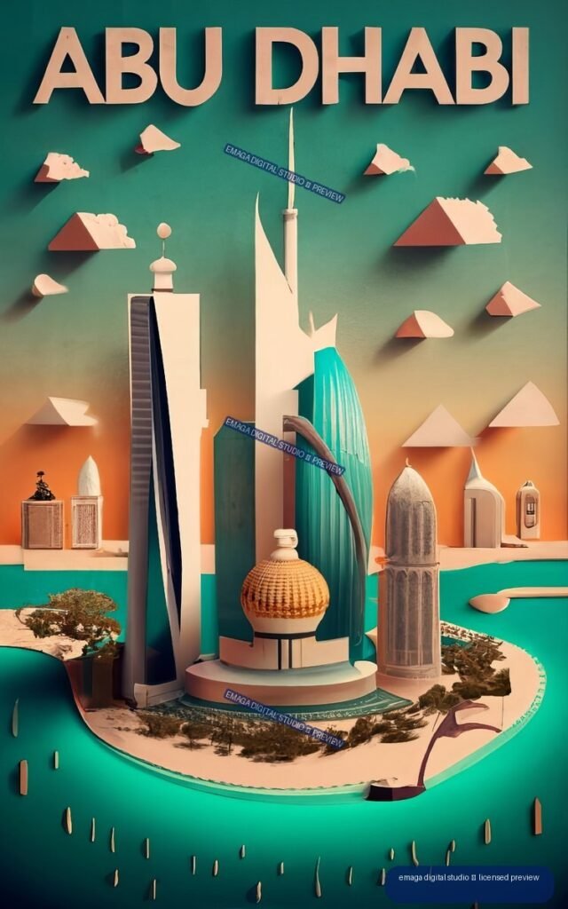 Stylized Abu Dhabi poster with monumental geometric architecture, a tall central spire, turquoise water, and a landscaped island.