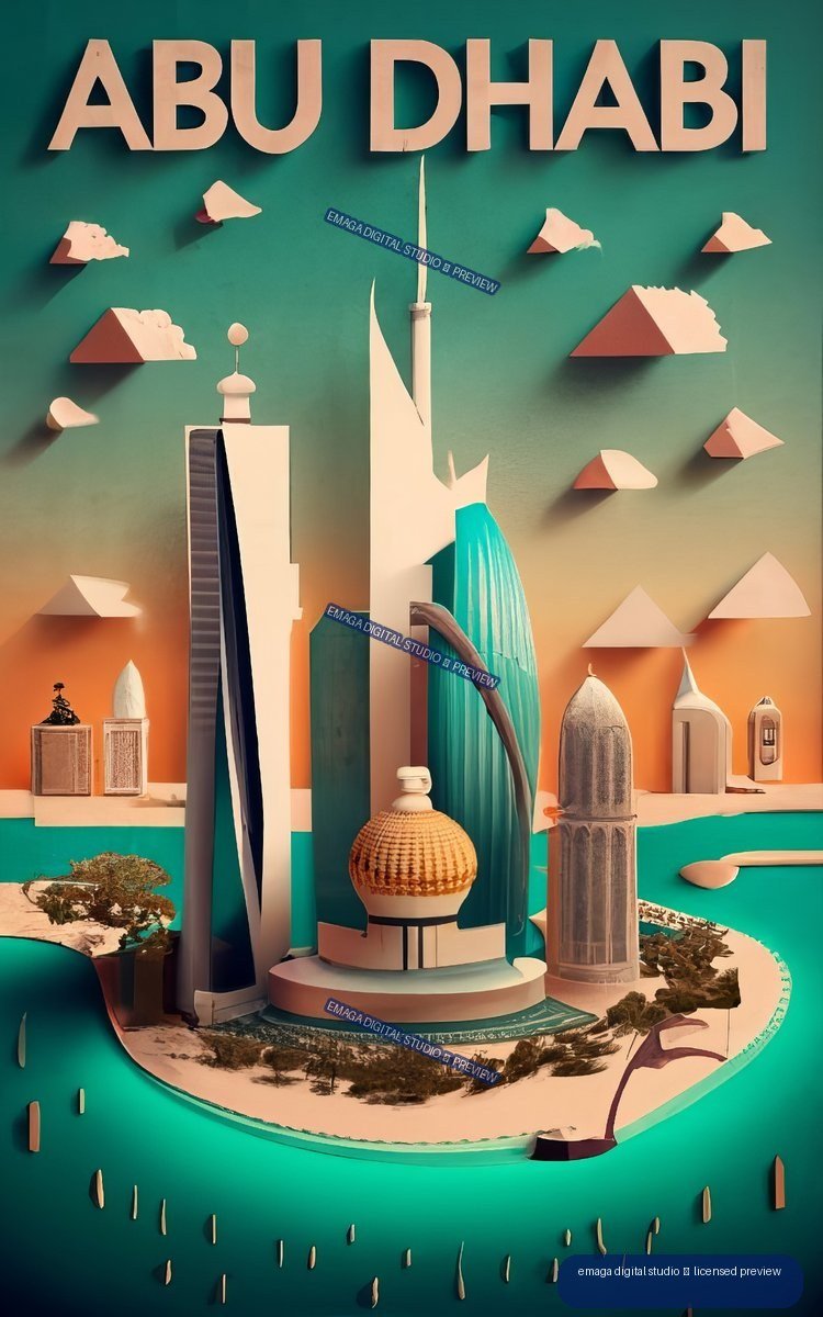 Stylized Abu Dhabi poster with monumental geometric architecture, a tall central spire, turquoise water, and a landscaped island.