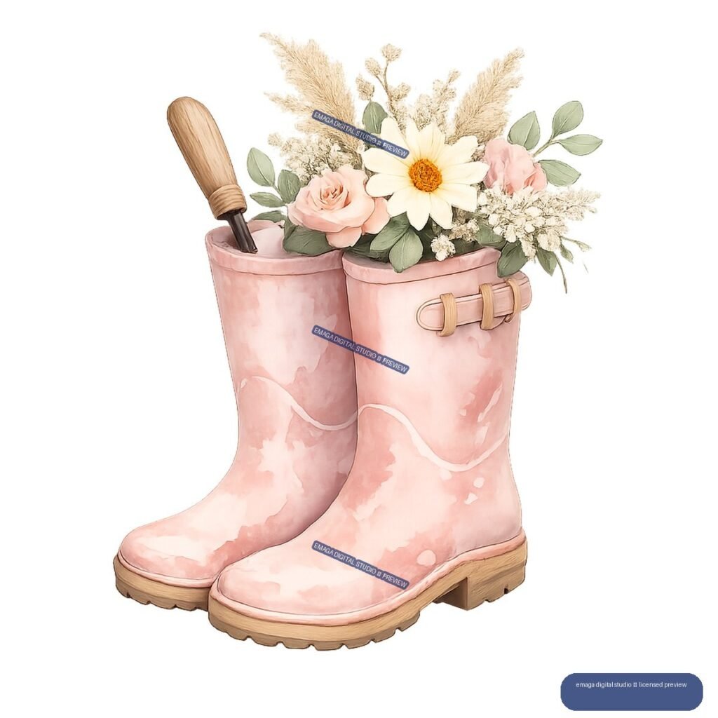 Two pink gardening boots filled with flowers and dried grasses, with a hand trowel in the left boot.