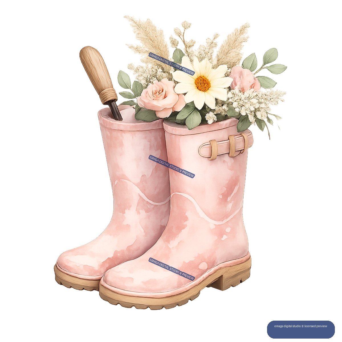 Two pink gardening boots filled with flowers and dried grasses, with a hand trowel in the left boot.