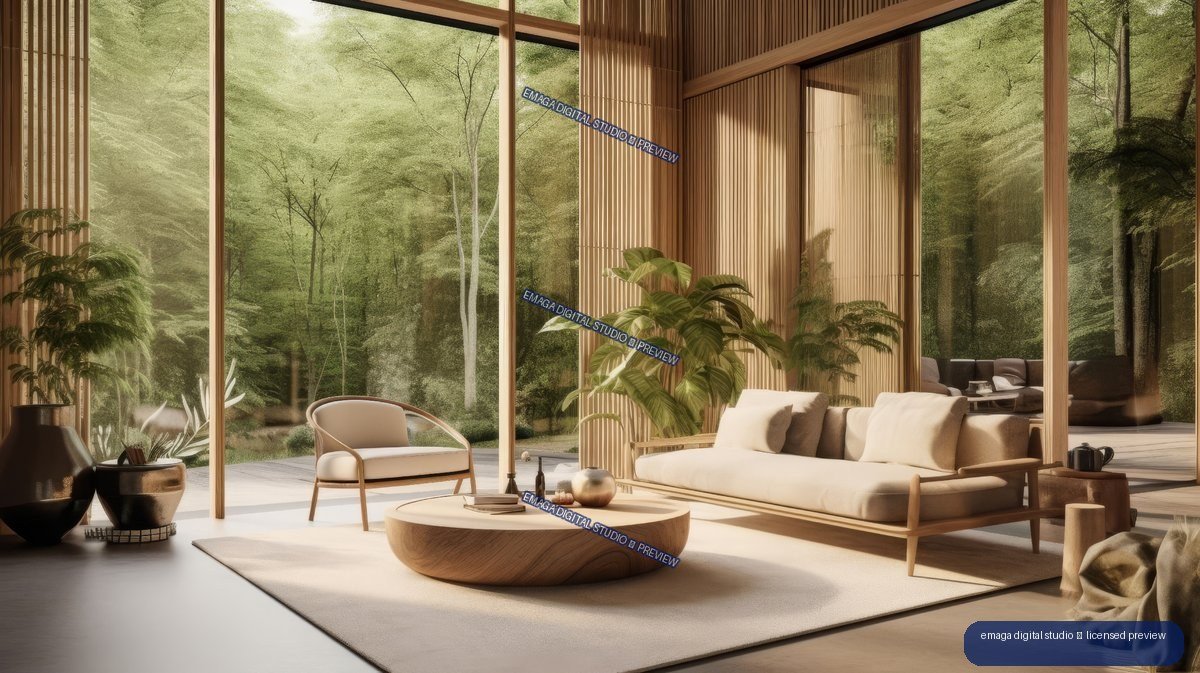 Minimalist Japandi living room with wood furniture, plants, and large windows overlooking a forest.