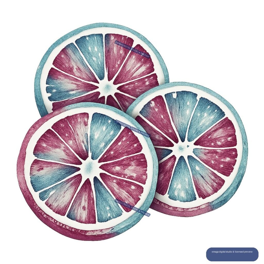 Three overlapping watercolor citrus slices with magenta and teal segments and colored rinds, isolated on transparency.