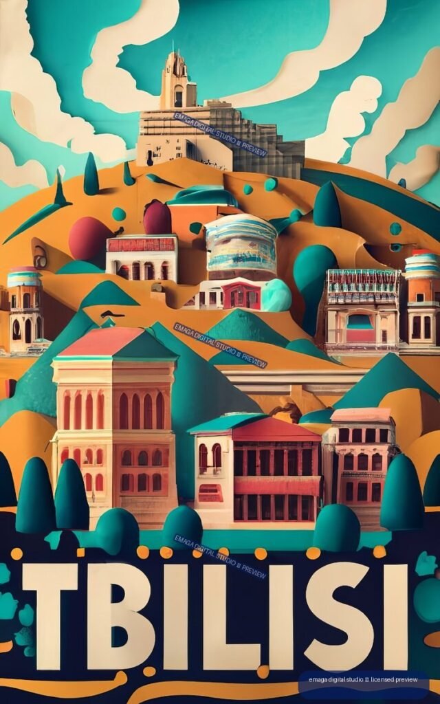Stylized Istanbul poster with layered buildings, turquoise sky, cream clouds, and large ISTANBUL lettering.