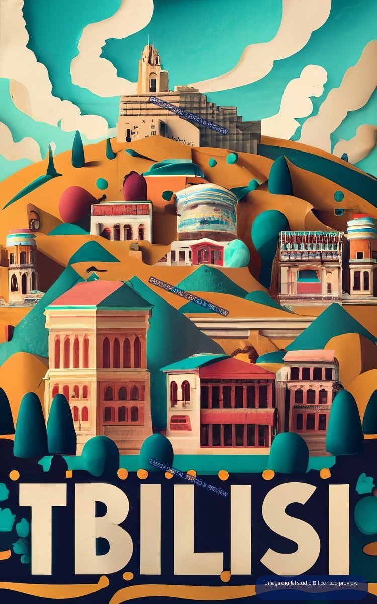 Stylized Istanbul poster with layered buildings, turquoise sky, cream clouds, and large ISTANBUL lettering.
