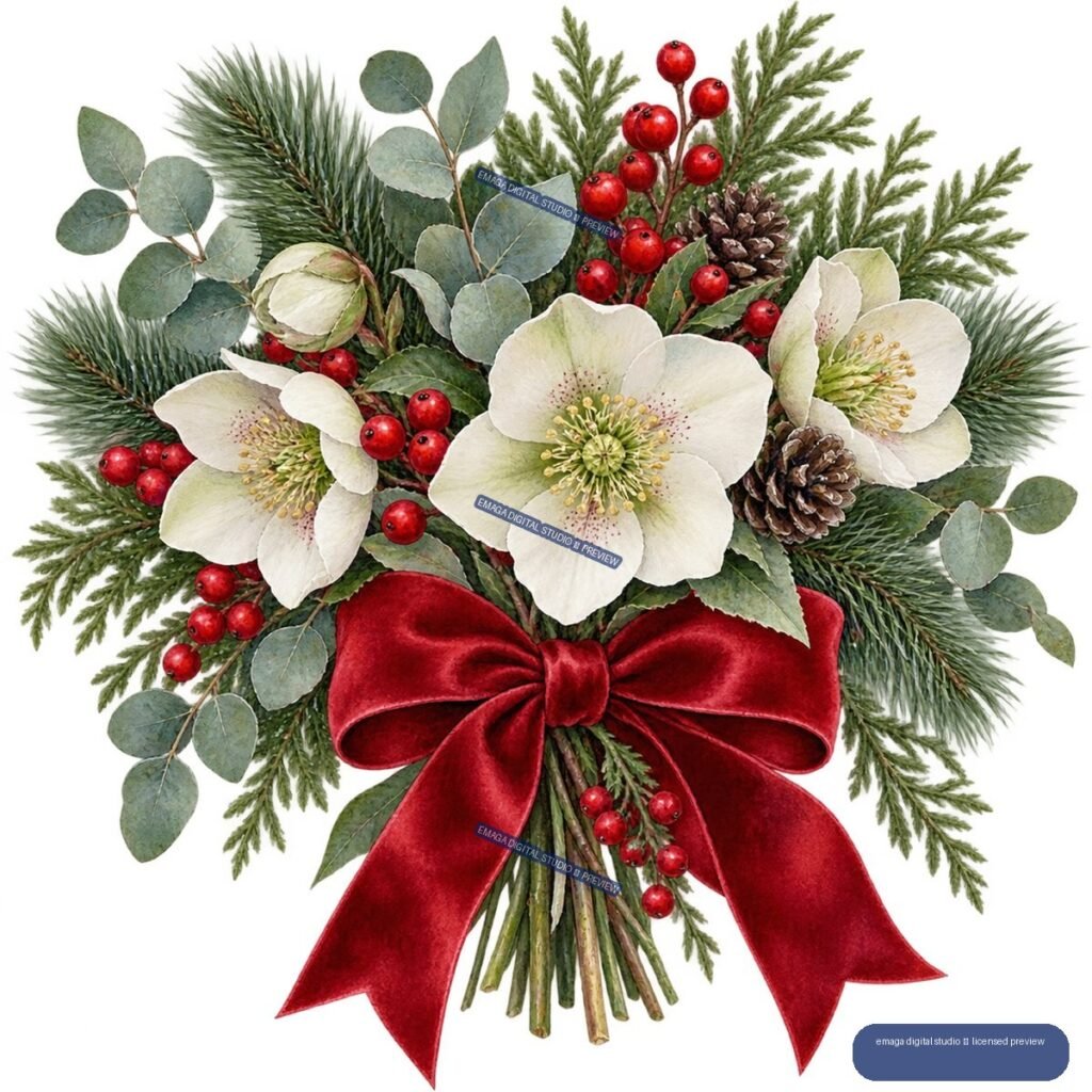 Watercolor Christmas bouquet with white hellebores, evergreen branches, eucalyptus leaves, red berries, pinecones, and a large red bow.