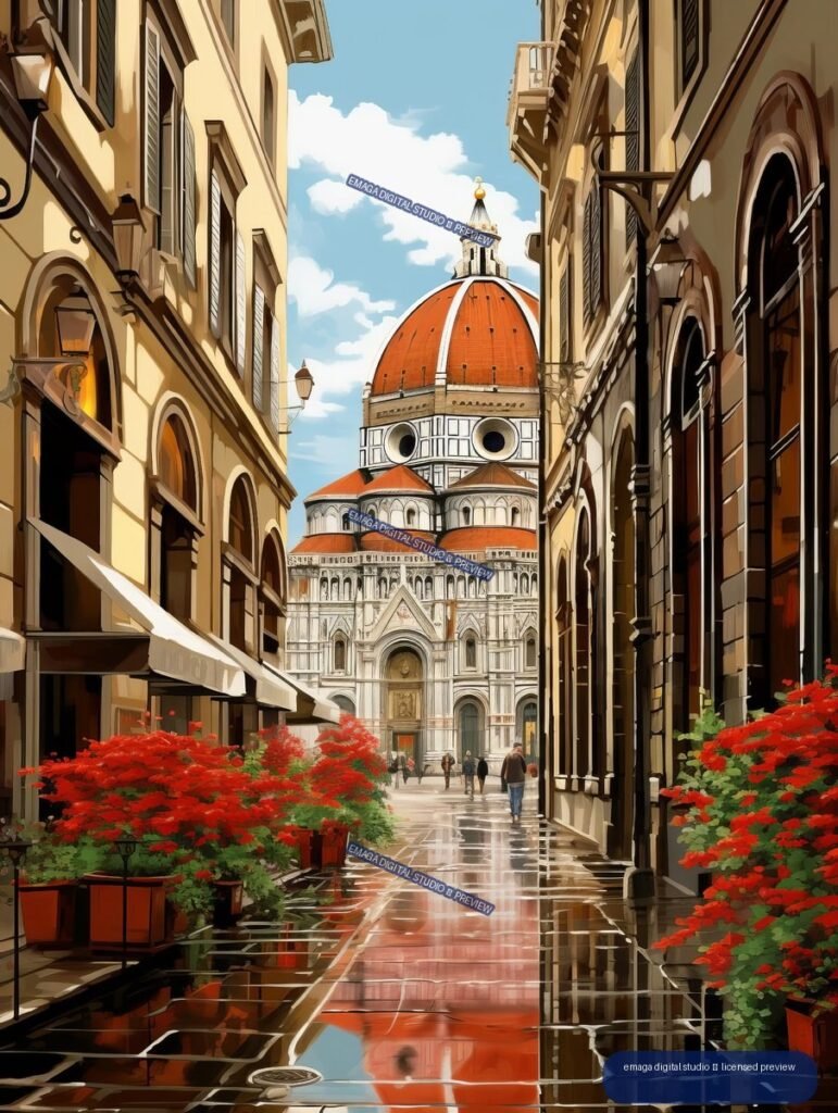 Illustrated view of Florence Cathedral framed by historic buildings, wet reflective paving, pedestrians, and red flowers.