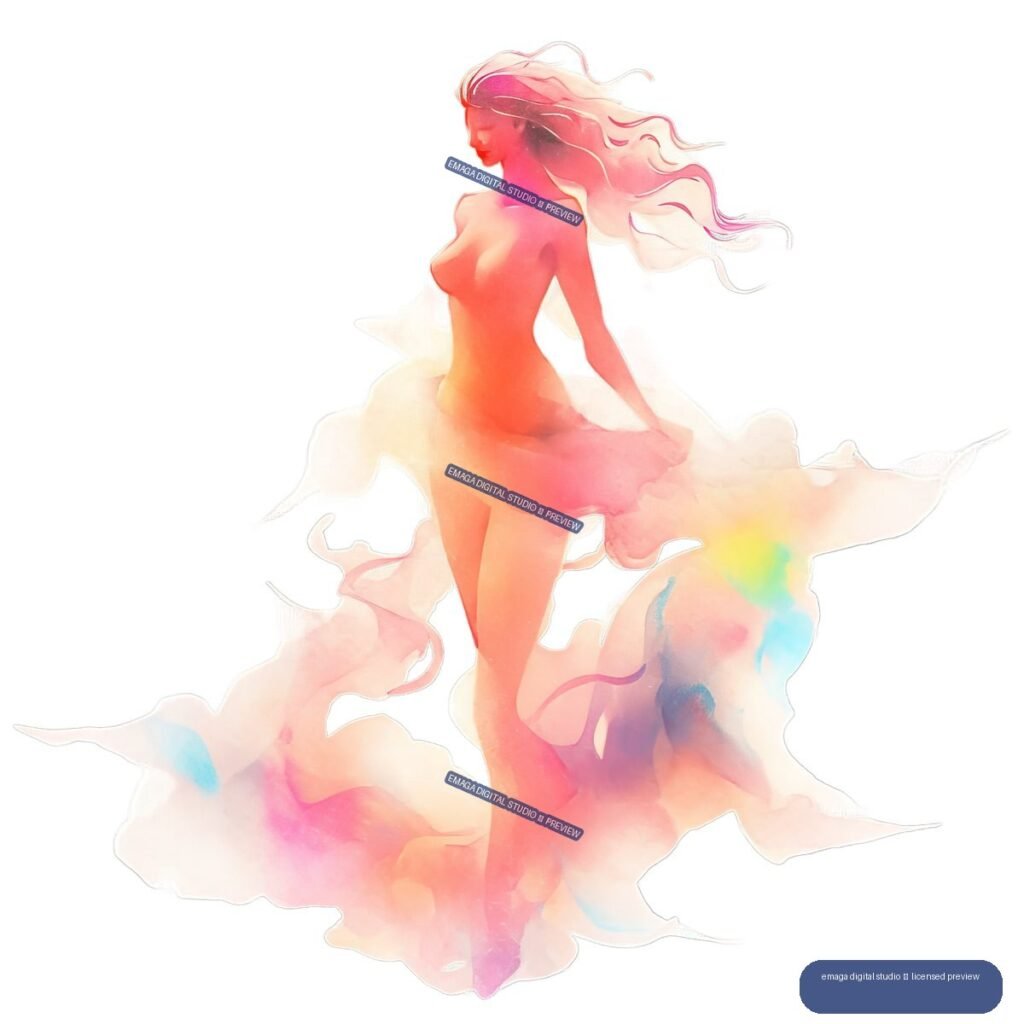 Translucent watercolor illustration of a seated nude female figure in profile with flowing hair and colorful abstract washes around her.
