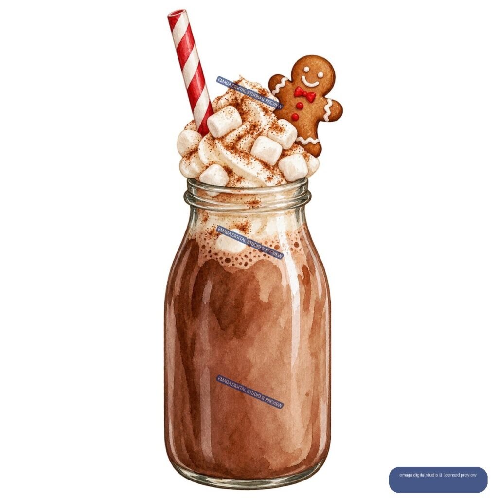 Watercolor illustration of a jar of hot chocolate topped with whipped cream, marshmallows, a gingerbread cookie, and a striped candy cane.
