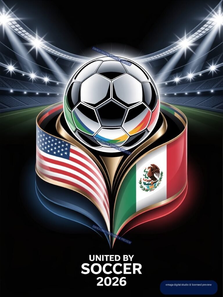 Graphic poster with a soccer ball above a trophy-shaped emblem combining United States and Mexico flags in a lit stadium, with text reading United by Soccer 2026.