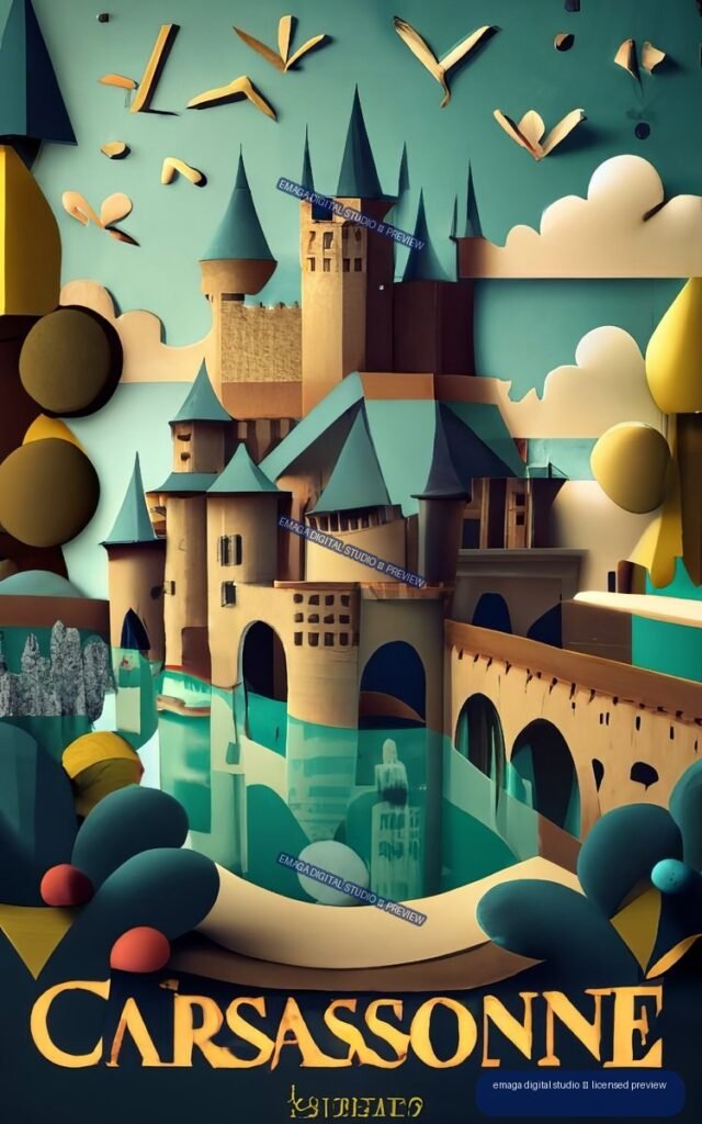 Stylized vintage poster of Carcassonne with medieval towers, teal water, clouds, and large CARCASSONNE lettering.